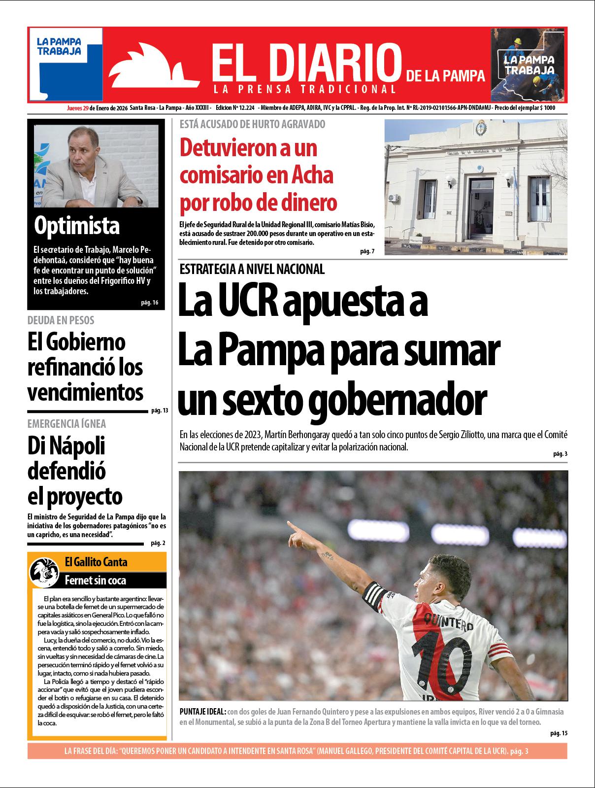 Tapa de El Diario en papel  jueves 29 de enero de 2026